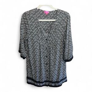 Betsey Johnson Black and White Relaxed Blouse with Mandarin Collar